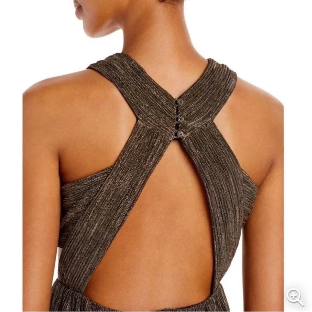 BCBGMAXAZRIA Gold Cut-Out Metallic Evening Dress Gown Size Large